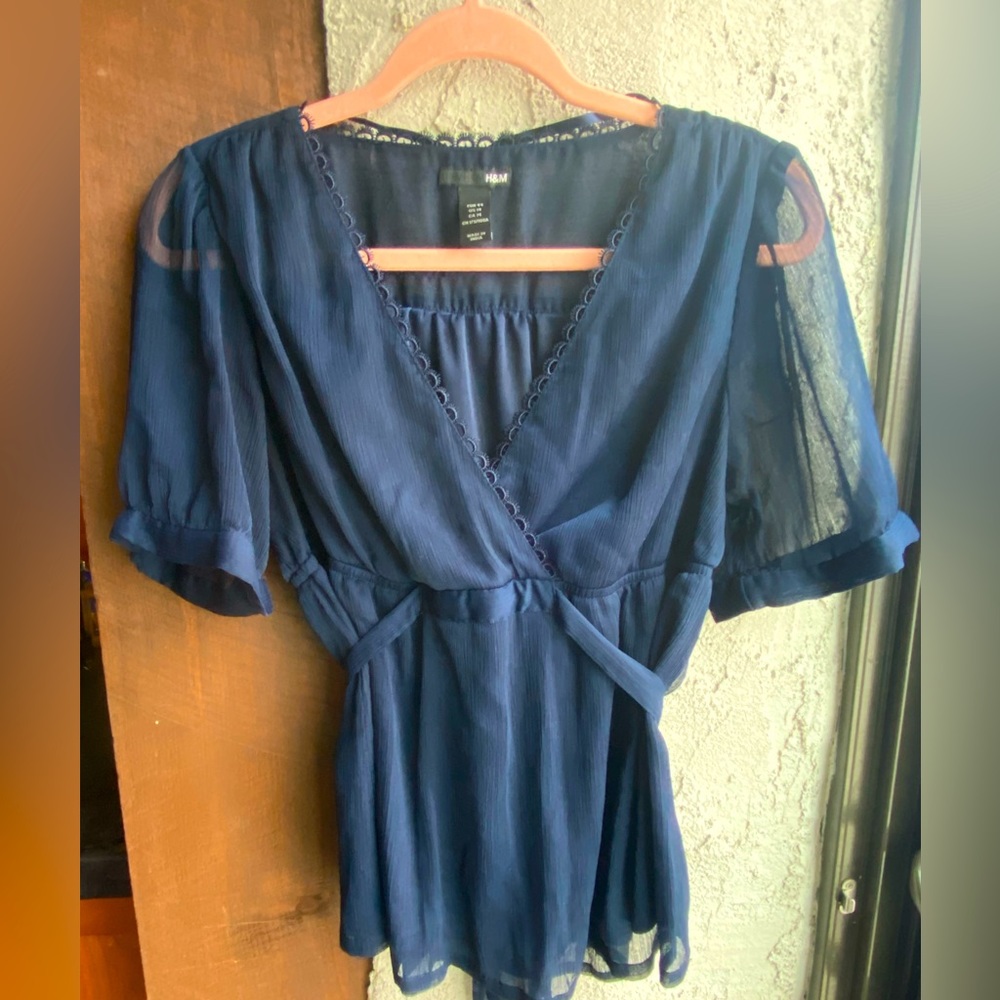 H & M Royal Blue Crepe princess waist Blouse Size 14